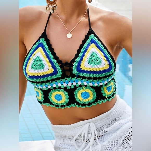 Geometric Halter Neck Swim Top - Picture 1 of 7